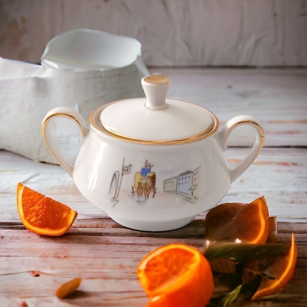 Bareuther‎ Germany Porcelain Sugar Bowl Horse Carriage Street Scene 8010 Vintage